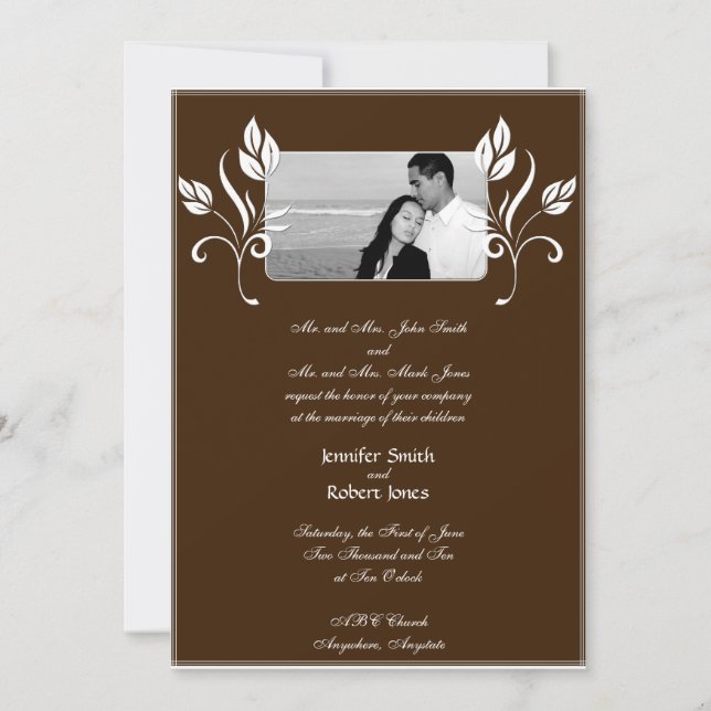 Faire-part de mariage marron avec accents floraux  (Devant)