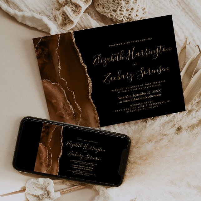 Faire-part de mariage marron moka agate doré foncé (Créateur téléchargé)