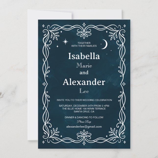 Faire-part de mariage médiéval Indigo Silver Ivy (Devant)