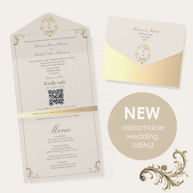 Faire-Part de Mariage + Menu Tout en Un Or Baroque (Créateur téléchargé)
