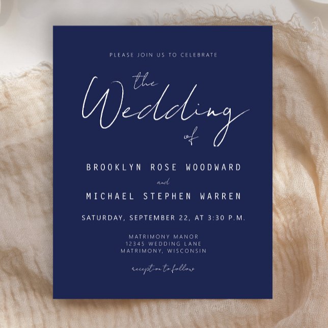 Faire-part de mariage minimal bleu marine script (Créateur téléchargé)