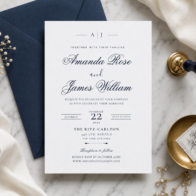 Faire-part de mariage minimal luxe Navy (Elegant navy wedding invitation with timeless minimal luxury styling.)