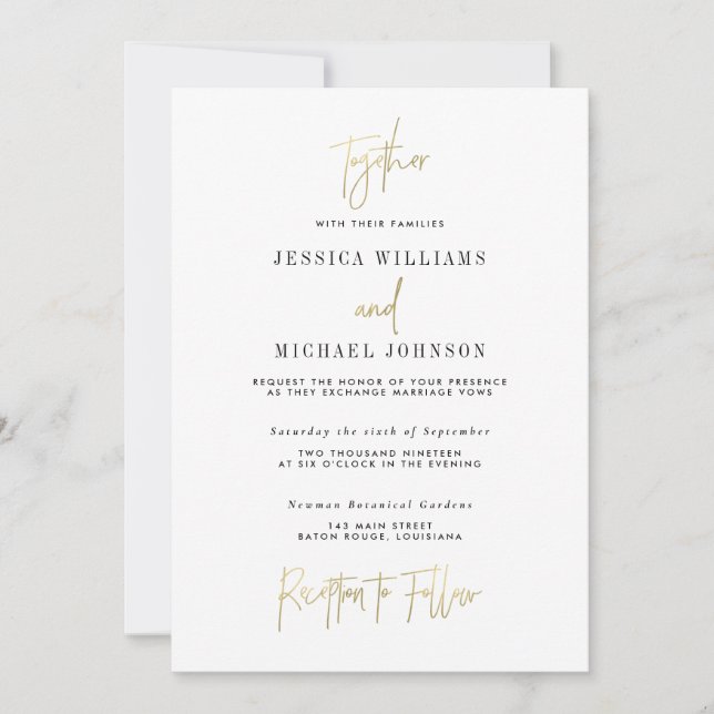 Faire-part de mariage minimale de typographie or (Devant)