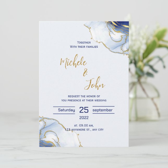 Faire-part de mariage minimaliste bleu (Debout devant)