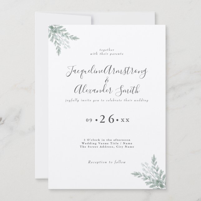 Faire-part de mariage minimaliste d'Eucalyptus (Devant)