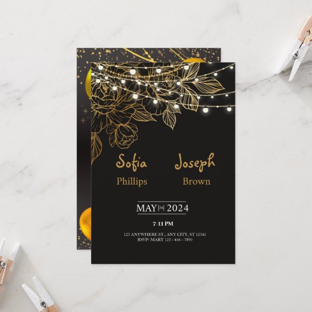 Faire-part de mariage minimaliste élégant noir (Devant/Arrière en situation)