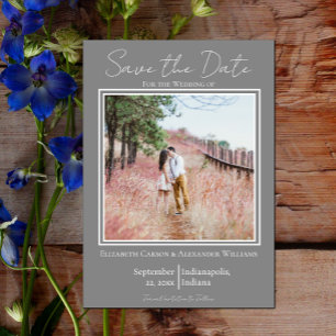 Faire-part de mariage minimaliste gris avec photo
