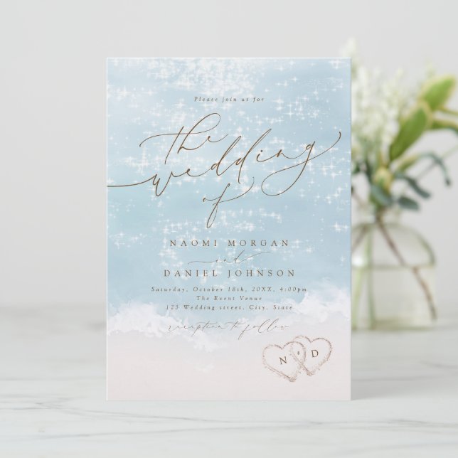 Faire-part de mariage Modern Script Sand Hearts Be (Debout devant)