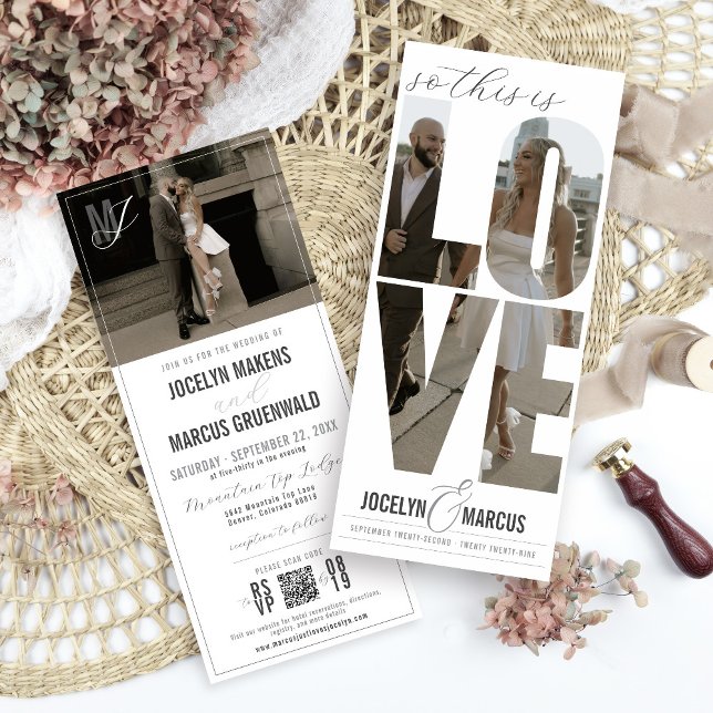 Faire-part de mariage moderne 4x9 typographie phot (Unique 4x9 So This Is Love bold photo typography modern QR code all-in-one simple wedding invitation)