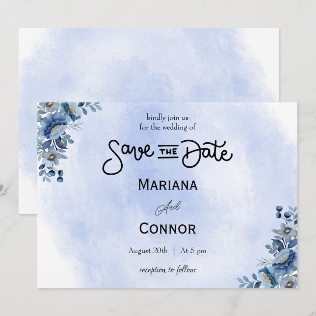 Faire-part de mariage moderne à fleurs bleues (Devant / Derrière)