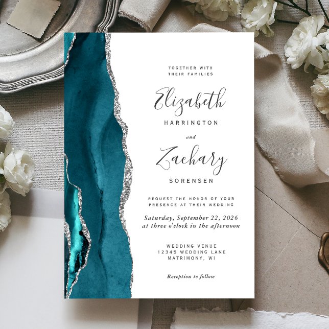 Faire-part de mariage moderne agate sarcelle argen (The perfect choice for a teal and silver themed wedding.)
