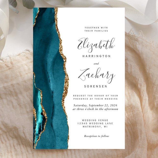 Faire-part de mariage moderne agate sarcelle or bu (Créateur téléchargé)