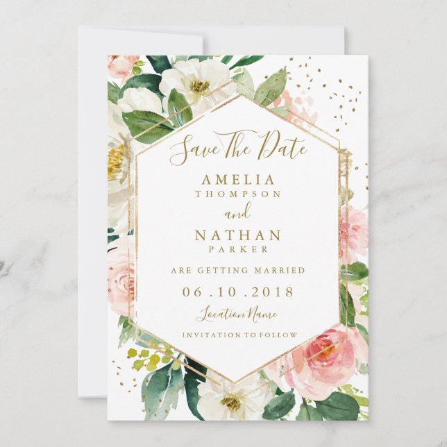 Faire-part de mariage moderne aquarelle florale or (Devant)