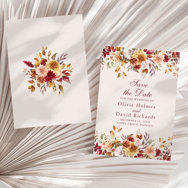 Faire-part de mariage moderne au taupe neutre (Modern Burnt Orange Terracotta Wildflowers Wedding Save The Date on a sunny dry palm leaf.)