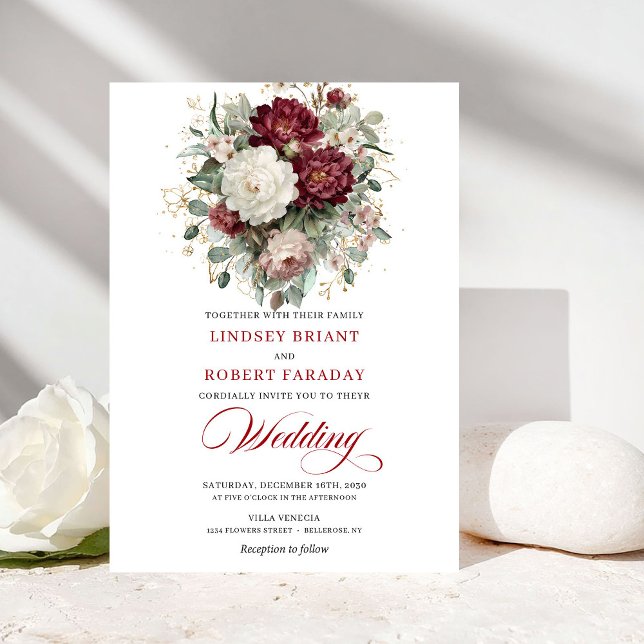Faire-part de mariage moderne aux fleurs blanches  (Modern Burgundy and White Flowers Wedding Invitation)