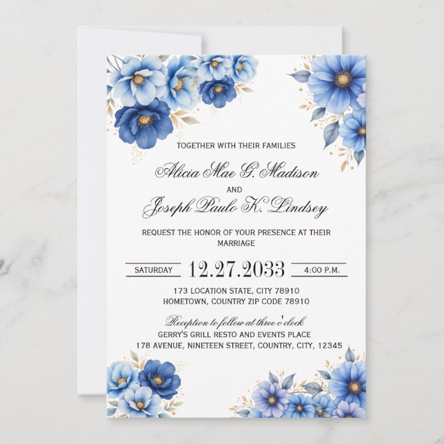 Faire-part de mariage moderne aux florales bleu ma (Devant)