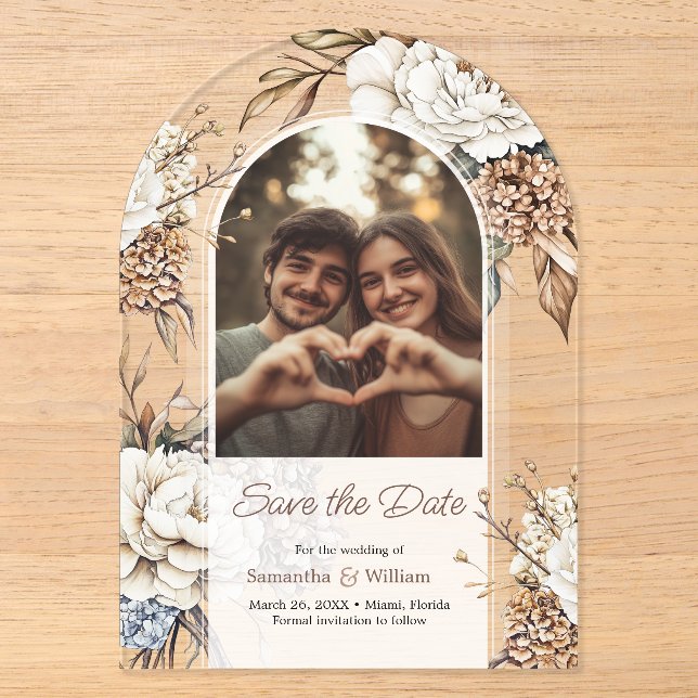 Faire-part de mariage moderne aux pivoines et hydr (Recto)