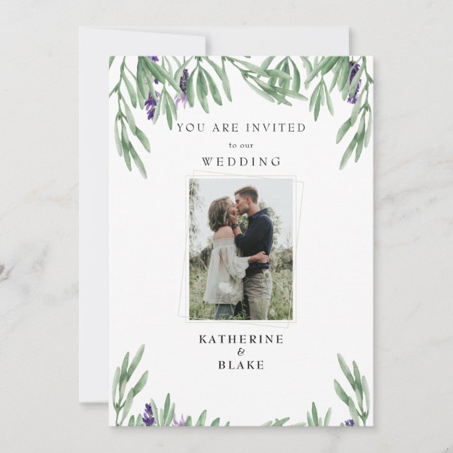 Faire-part de mariage moderne avec photo et feuill (Devant)