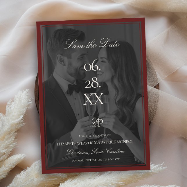 Faire-part de mariage moderne avec superposition d (deep burgundy wedding photo save the date quiet luxury old money double frame formal modern chic)