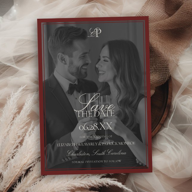 Faire-part de mariage moderne avec superposition d (deep burgundy wedding photo save the date quiet luxury old money double frame formal modern type)