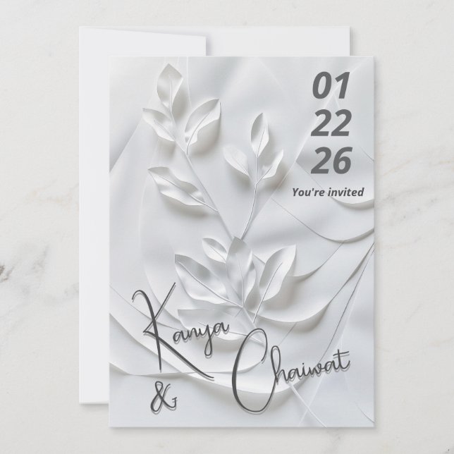 Faire-part de mariage moderne blanc et beige – Bot (Devant)
