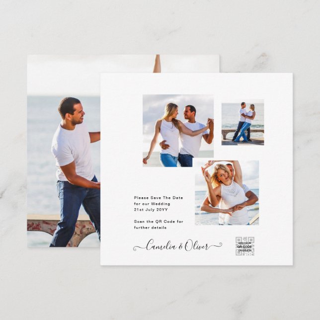Faire-part de mariage moderne blanc et noir avec Q (Devant / Derrière)