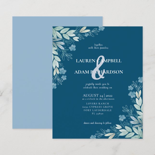 Faire-part de mariage moderne bleu à motif feuillu (Devant / Derrière)