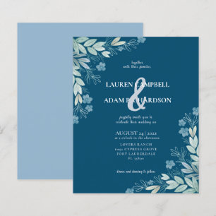 Faire-part de mariage moderne bleu à motif feuillu