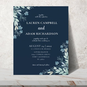 Faire-part de mariage moderne bleu à motif feuillu