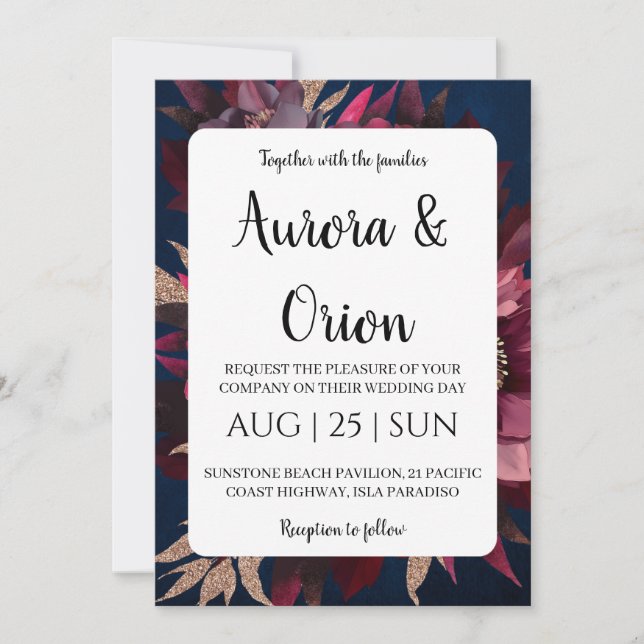 faire-part de mariage moderne bleu marine et borde (Devant)