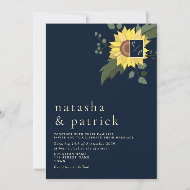 Faire-part de mariage moderne bleu marine or tourn (Devant)