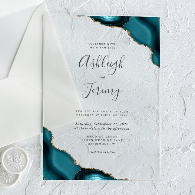 Faire-part de mariage moderne bleu sarcelle or coi (Créateur téléchargé)