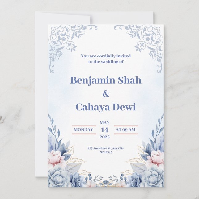 Faire-part de mariage moderne bleue (Devant)