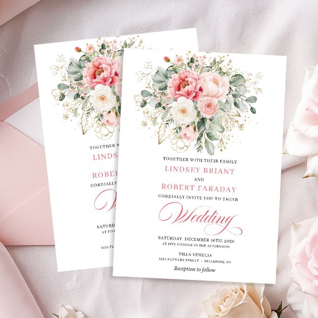 Faire-part de mariage moderne blush verdure or (Modern Blush Greenery Gold Wedding Invite)
