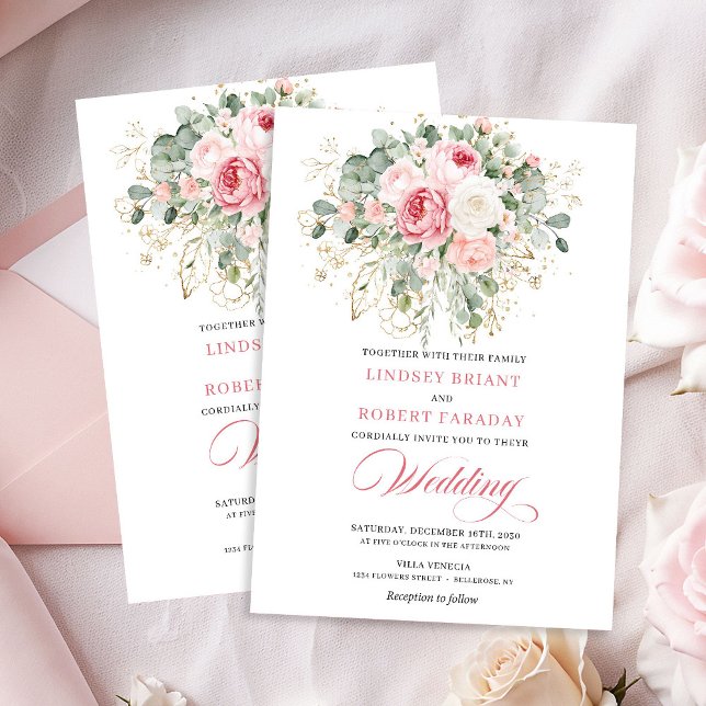 Faire-part de mariage moderne blush verdure or (Modern Blush Greenery Gold Wedding Invite)
