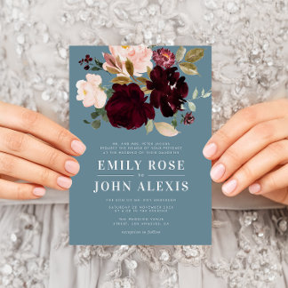 Faire-part de mariage moderne bordeaux bleu poussi