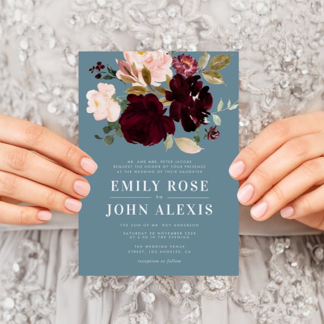 Faire-part de mariage moderne bordeaux bleu poussi (Créateur téléchargé)