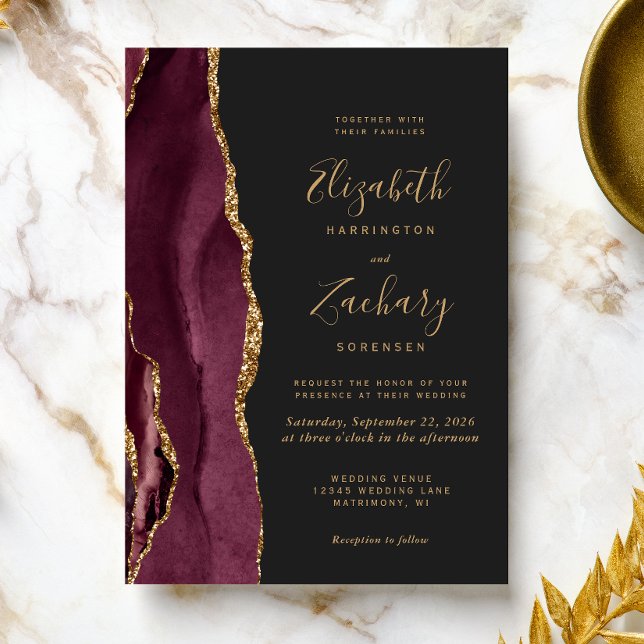 Faire-part de mariage moderne bordeaux or agate fo (A perfect choice for a burgundy and gold themed wedding.)