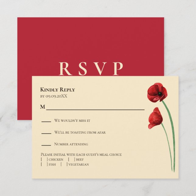 Faire-part de mariage moderne Coquelicot Rouge,  (Devant / Derrière)