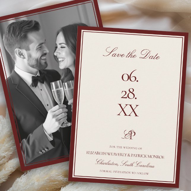 Faire-Part de Mariage Moderne de Domaine de Bourgo (deep burgundy wedding photo save the date quiet luxury old money double frame formal modern playful)