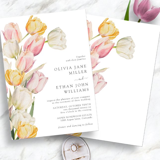 Faire-part de mariage moderne de printemps (Modern Watercolor Pink Cream and Yellow Tulip Wedding Invitation by Painted Paperie)