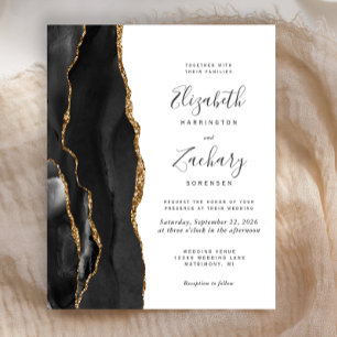 Faire-part de mariage moderne en agate noir or sur