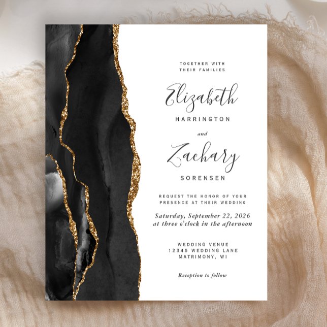Faire-part de mariage moderne en agate noir or sur (Créateur téléchargé)