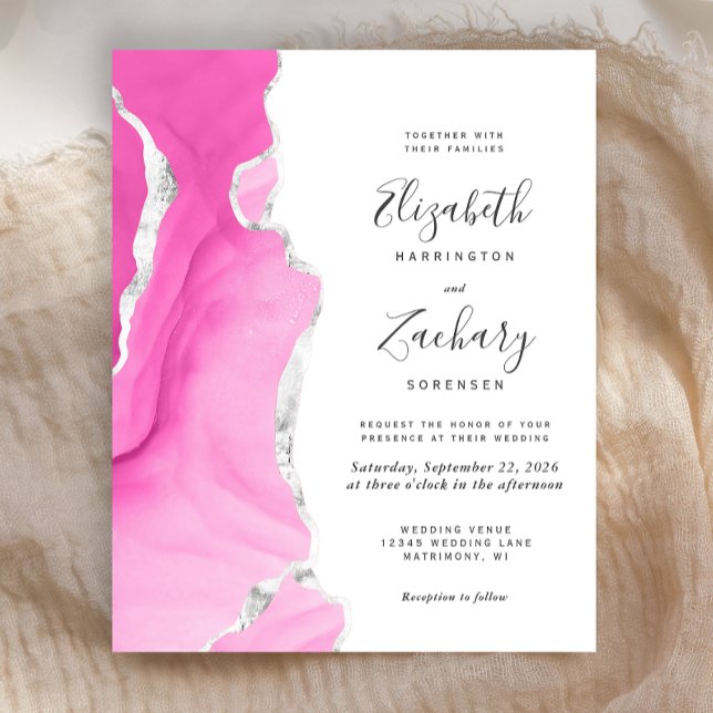 Faire-part de mariage moderne en agate rose argent (Créateur téléchargé)