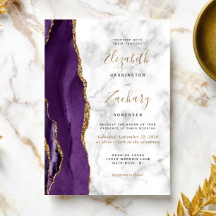 Faire-part de mariage moderne en marbre doré viole