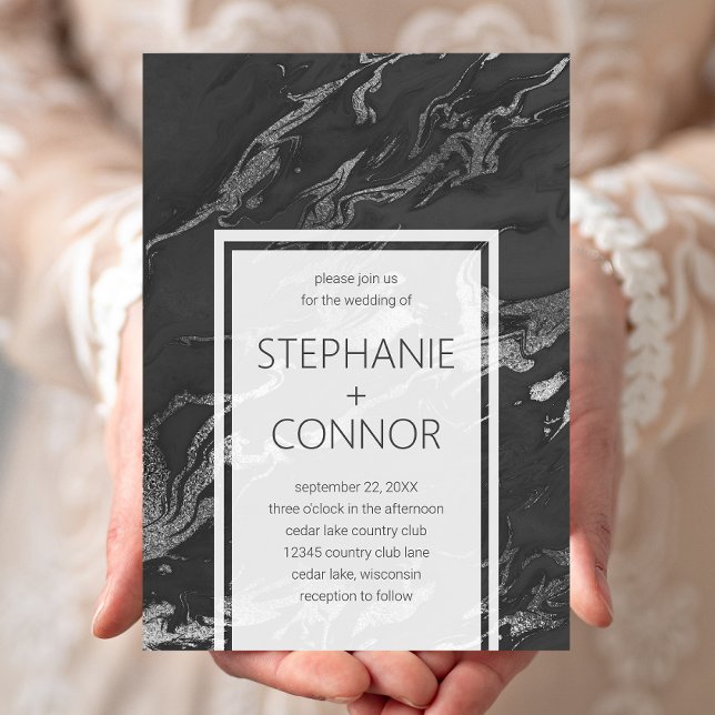 Faire-part de mariage moderne en marbre noir gris  (Créateur téléchargé)