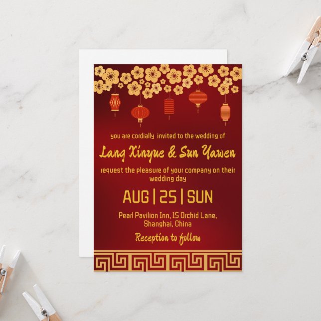 faire-part de mariage moderne en or chinois (Devant/Arrière en situation)
