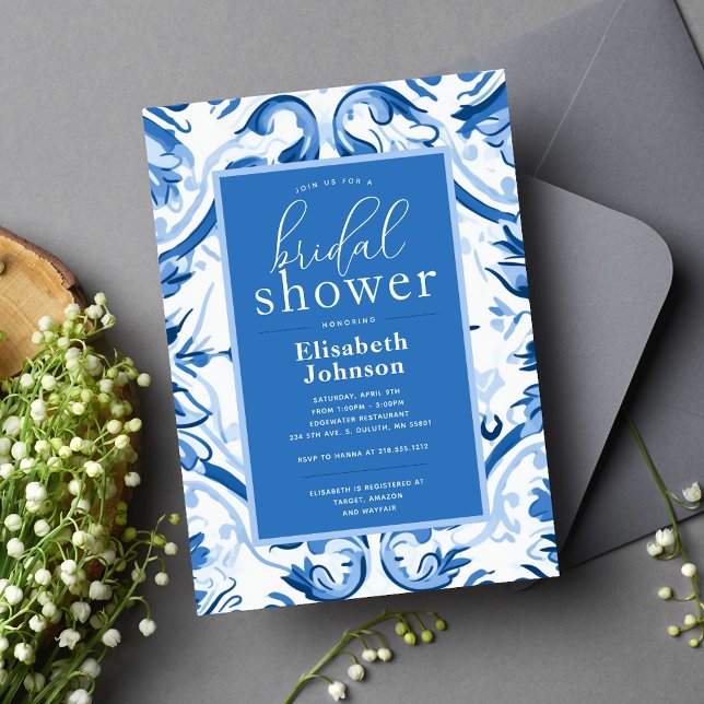 Faire-part de Mariage Moderne Fleur Bleu Delft (Créateur téléchargé)