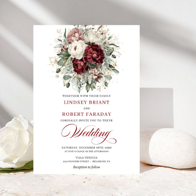 Faire-part de mariage moderne floral blanc Bourgog (Modern Burgundy White Floral Gold Wedding Invitation)