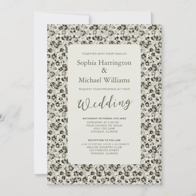 Faire-part de mariage moderne floral noir et blanc (Devant)